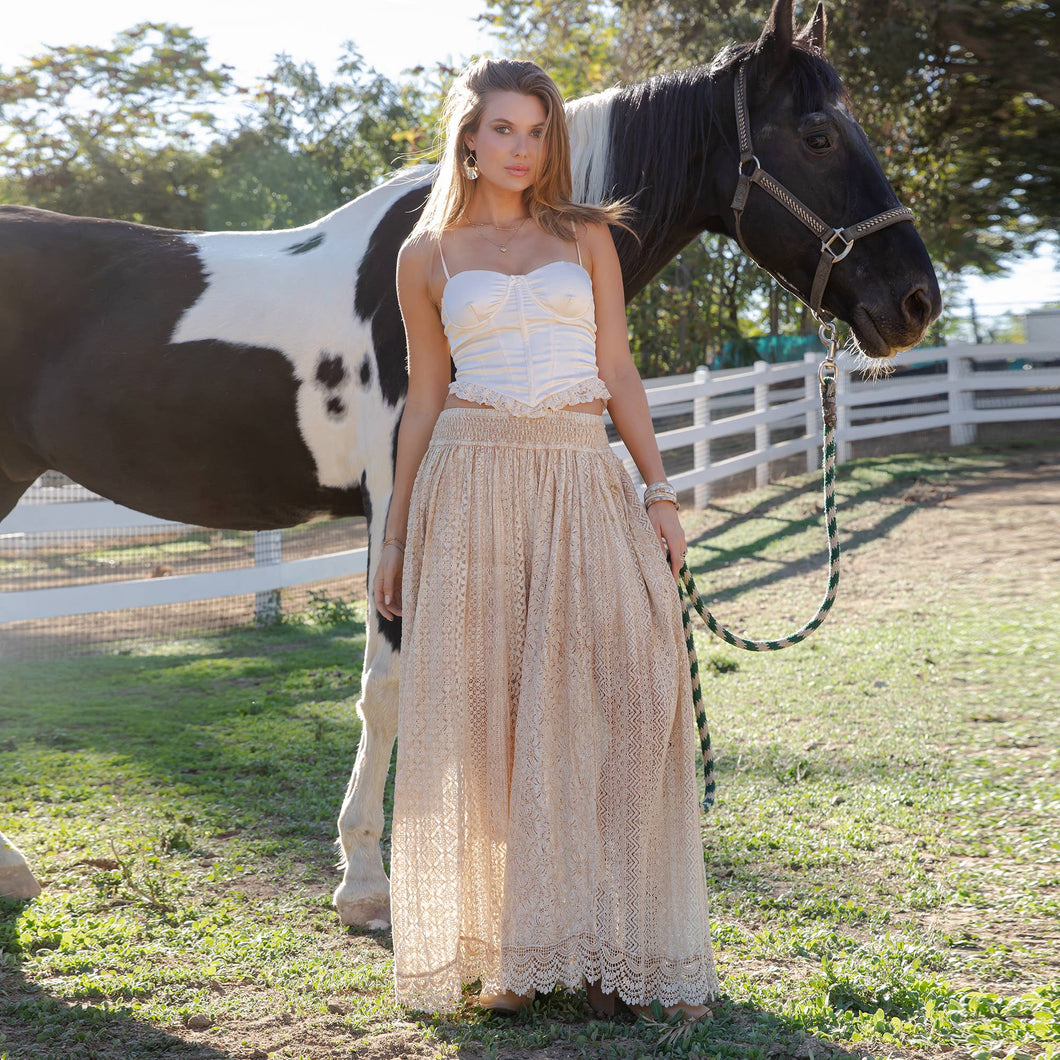 Latte Desert Dream Flow All Lace Shirred Waist Trousers
