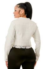 White Lace & Pearl Embellished Cropped Denim Jacket