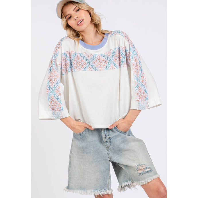Cream Blue Patchwork Breeze Oversize Sage+Fig Top