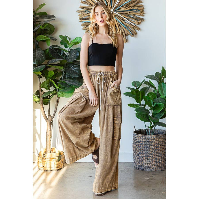Coffee Washed 3D Pocket Slouchy Wide Leg Oli+Hali Pants