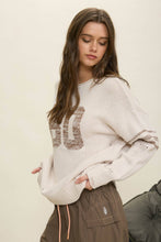Oatmeal Distressed Long Sleeve Varsity Knit Top