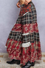 Black Floral Print Ruffle Trim Patchwork Plaid Wide Leg POL Pants