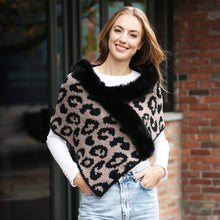 Beige Faux Fur Trim Leopard Pattern Shawl Wrap