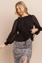 Black Smocked Neck Sheer Sleeve Blouse Top