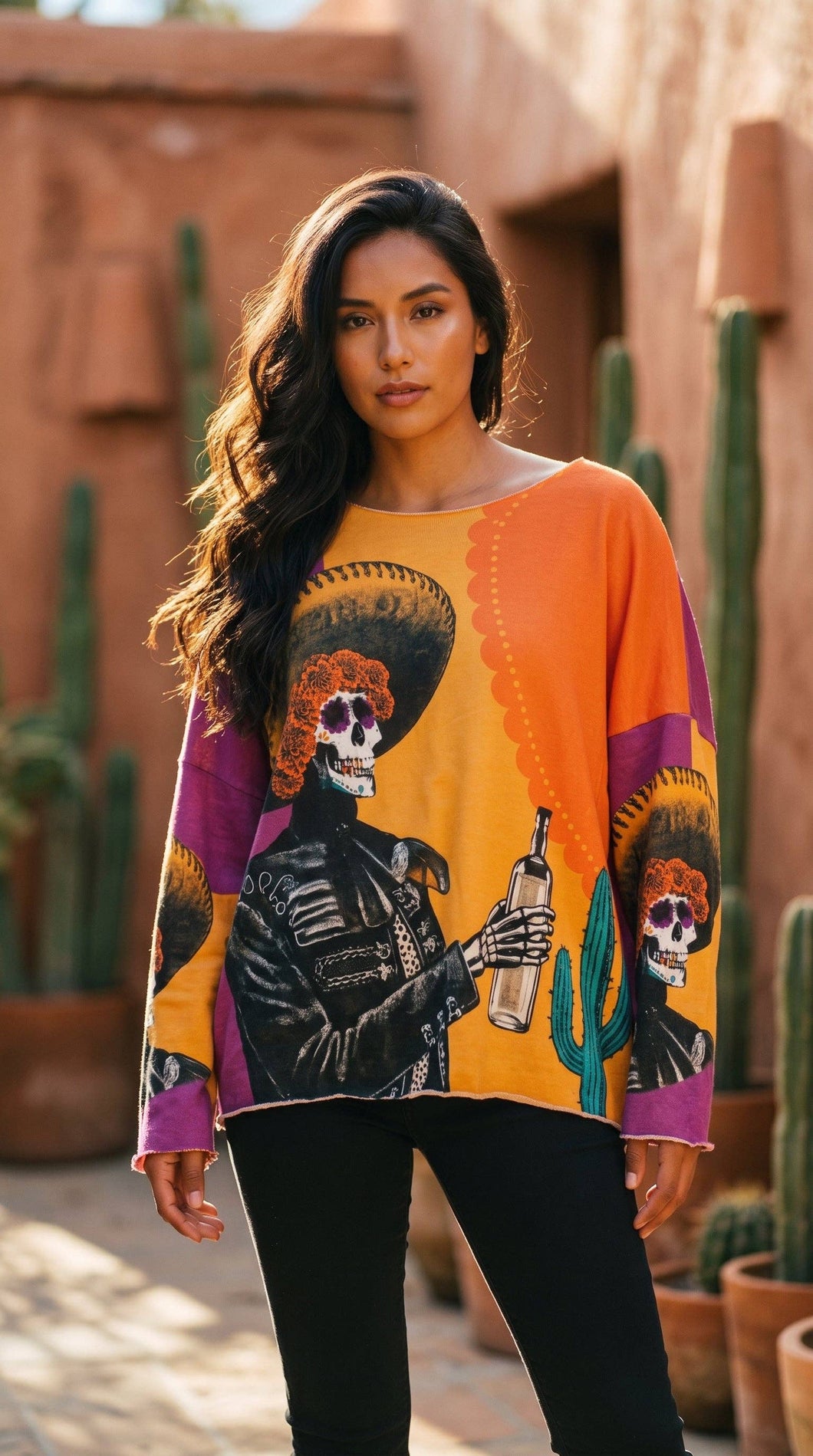 Multicolor Cosy Skeleton Mariachi Printed Sweater