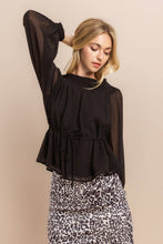Black Smocked Neck Sheer Sleeve Blouse Top