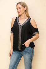 Black Embellished Cold Shoulder Short Sleeve Blouse