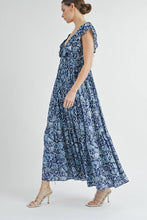 Blue Ruffle Tiered V-neck Maxi Dress