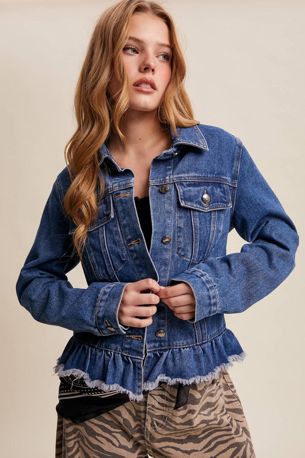 Blue Haze Ruffled Hem Denim Jacket