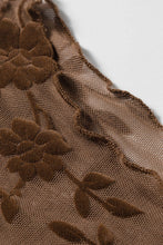 Brown Floral Print Mock Neck Sheer Mesh Long Sleeve Top