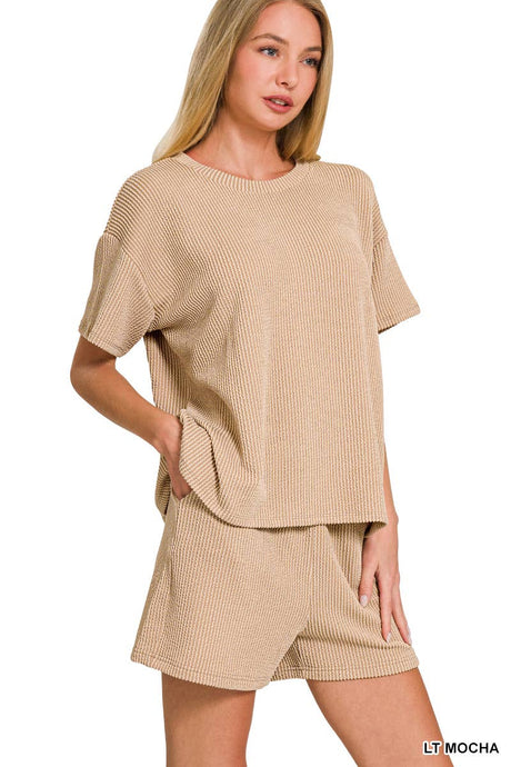 Light Mocha Corded Rib Short Sleeve Tee And Short Pants Set