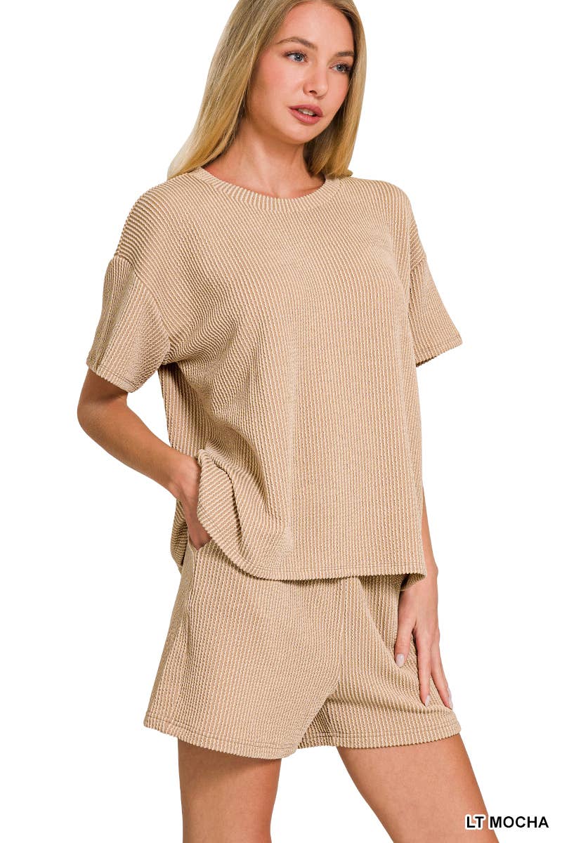 Light Mocha Corded Rib Short Sleeve Tee And Short Pants Set