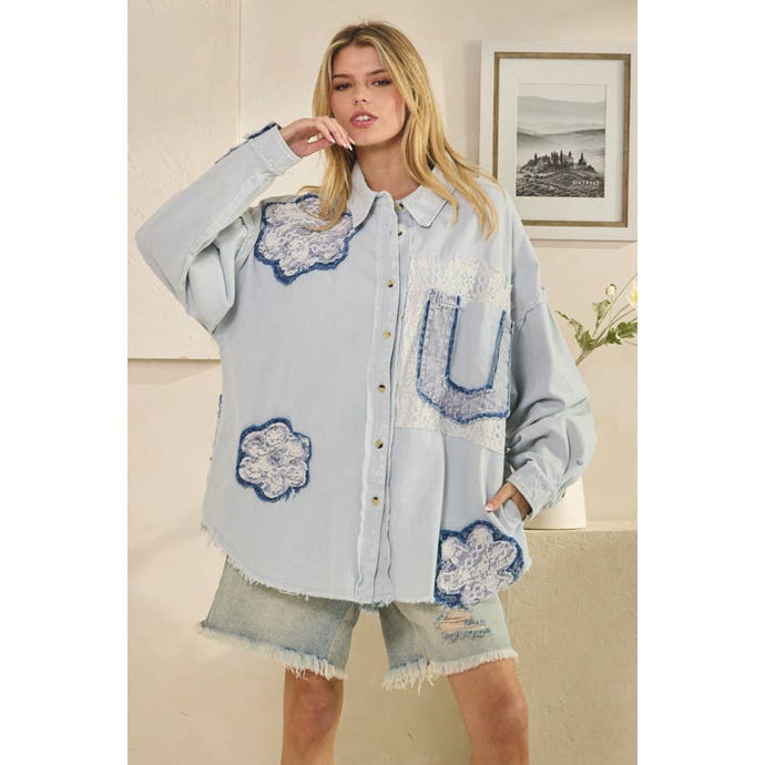Blue Washed Lace Contrast Button Down Oli+Hali Top