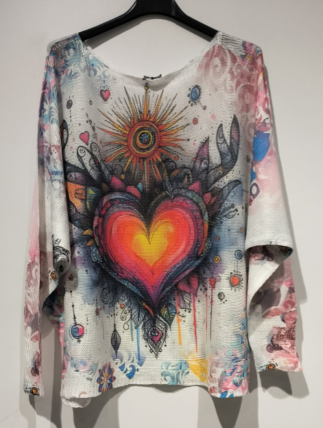 Red Heart Round Neck Knit Printed Sweater