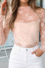 Apricot Pink Sheer Floral Lace Mesh Mock Neck Long Sleeve Top