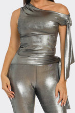 Black Asymmetrical Shoulder Shirring Tie Top & Pants Set