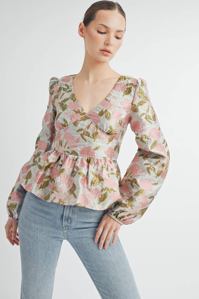 Pink Floral Jacquard Peplum Blouse