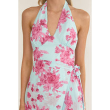 Ice Blue Halter Floral Maxi Dress