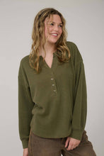 Olive Washed Ribbed Long Sleeve Henley Knit Top