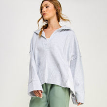 V-NECK POLO OVERSIZED PULLOVER SWEATSHIRT TOP-FZ0015-D2: HEATHER GREY / S