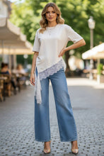 Beige White Solid Cotton With Lace Detail T Shirts