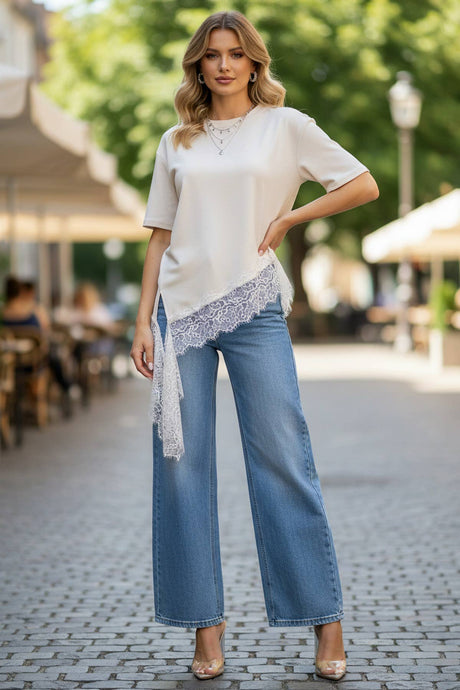 Beige White Solid Cotton With Lace Detail T Shirts