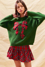 Green Checker Plaid Ribbon Christmas Holiday Sweater Top