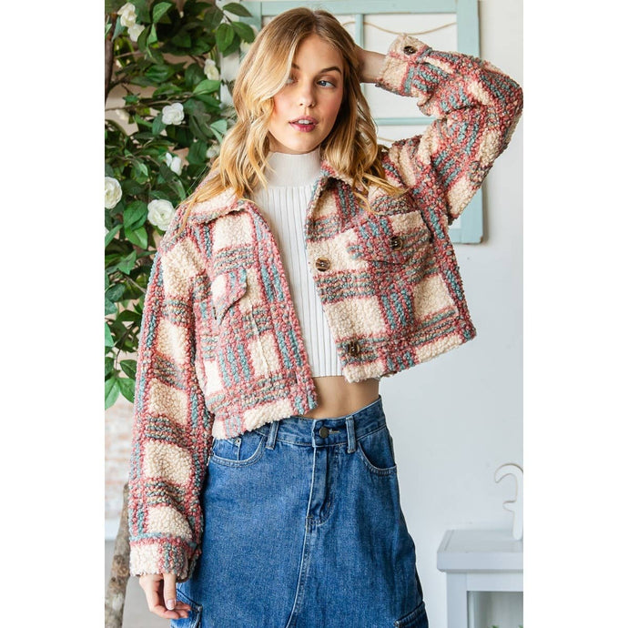 Pink Blue Plaid Sherpa Short Button Veveret Jacket