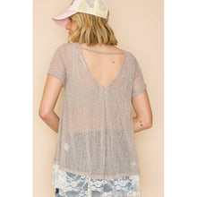 Taupe Semi V Neck Short Sleeve Knit Top with Laces