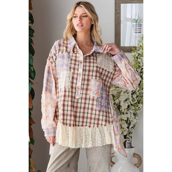 Pink Washed Ruffle Lace Hem Button Up Plaid Oli+Hali Shirt