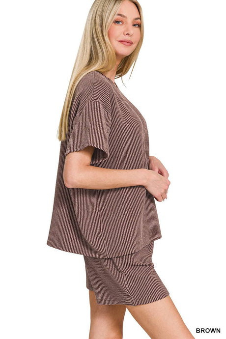 Brown Corded Rib Short Sleeve Tee And Short Pants Set