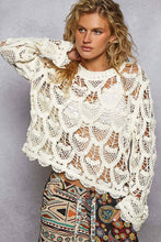 Ivory Round neck long sleeve solid crochet POL top