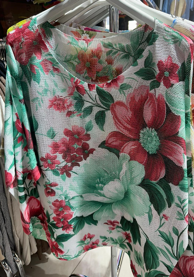 Aqua Red Floral Round Knit Printed Sweater