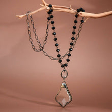 Long Beaded Chain Link Necklace, Glass Crystal Pendant