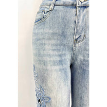 Blue Lace Cutout Rhinestone Denim Pants
