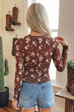 Brown Floral Print Mesh Mock Neck Long Sleeve Layering Top