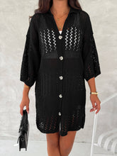 Black Hallow Knit Polo Neck Midi Cotton Cardigan Cover-Up