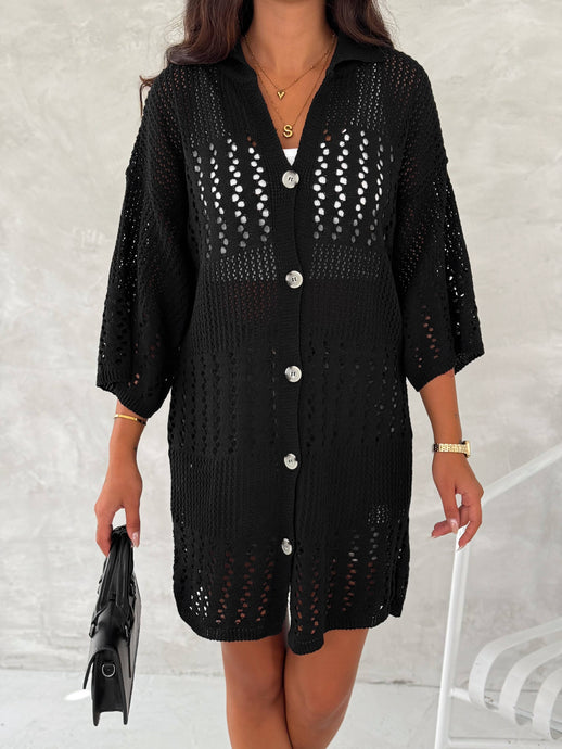 Black Hallow Knit Polo Neck Midi Cotton Cardigan Cover-Up