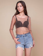 Coffee Pearl Rhinestone Studded See Through Mesh Crop Top