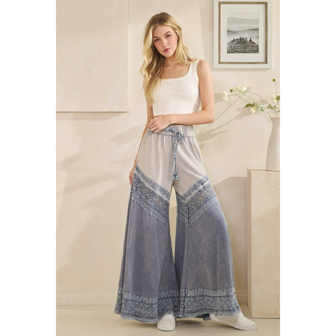 Blue Washed Fabric Mix Wide Leg Oli+Hali Pants