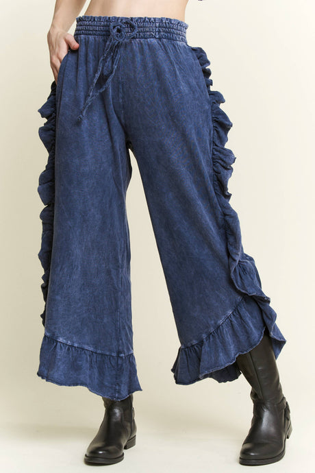 Navy Mineral Wash fun Side Ruffle Croppped J.Her pants