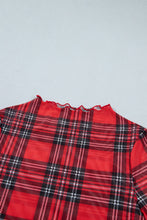 Red Plaid Mesh Lettuce Trim Long Sleeve Top