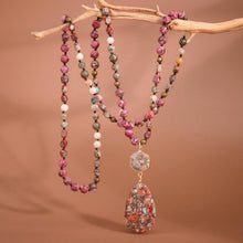 Rose Stone Beaded Long Necklace, Large Stone Pendant