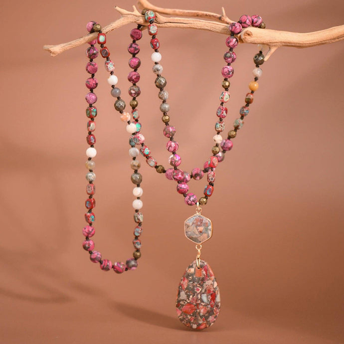 Rose Stone Beaded Long Necklace, Large Stone Pendant