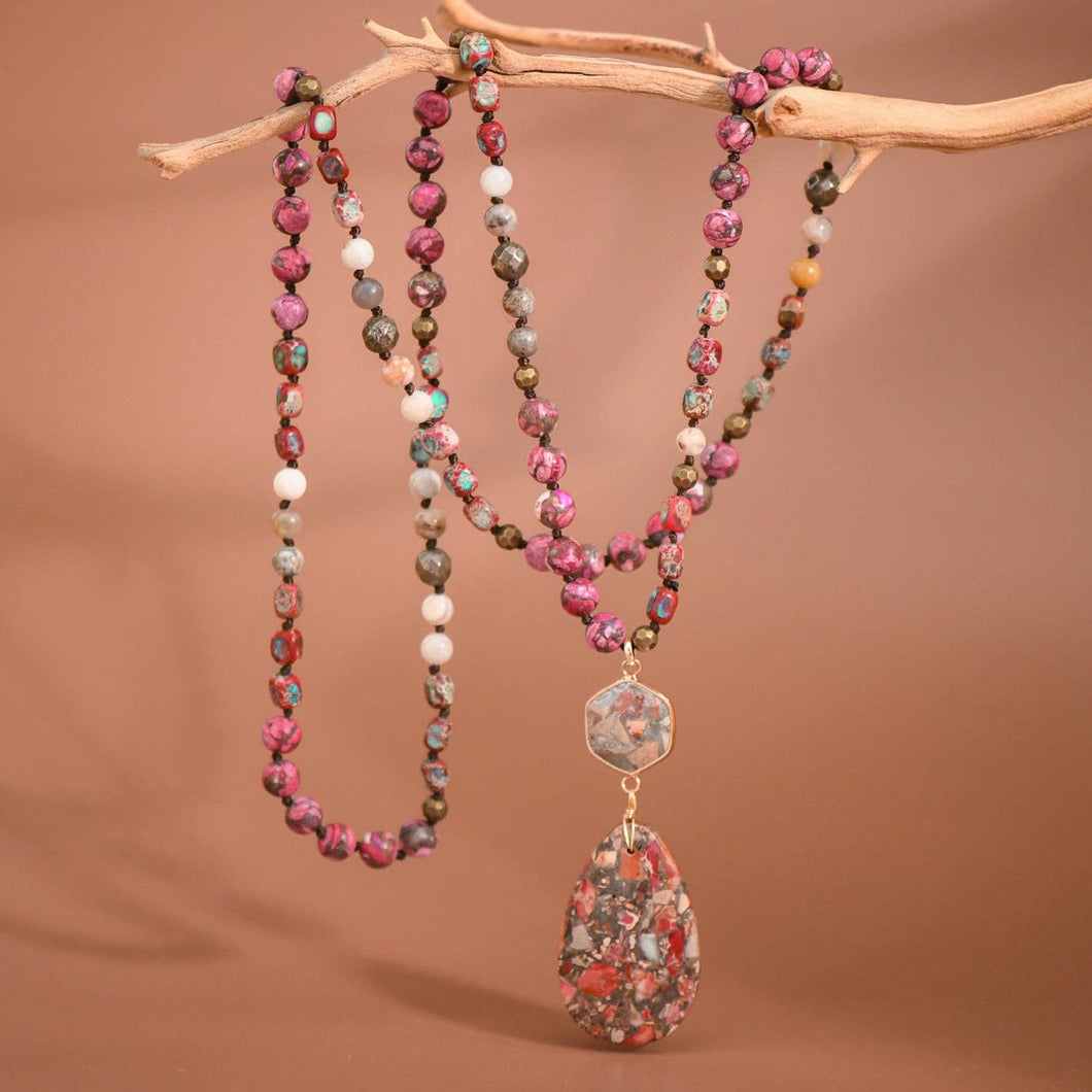 Rose Stone Beaded Long Necklace, Large Stone Pendant