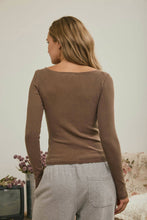 Brown Boat Neck Long Sleeve Ribbed Knit Top