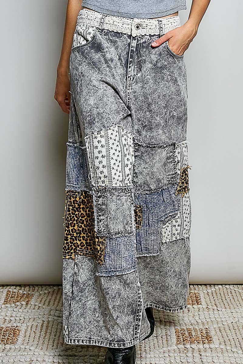 Black Multi Handcrafted Vintage DIY Patchwork-Style Waistband Wide POL Pants