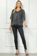 Black Silver Moonlight Hologram Sequin Layered Poncho Blouse