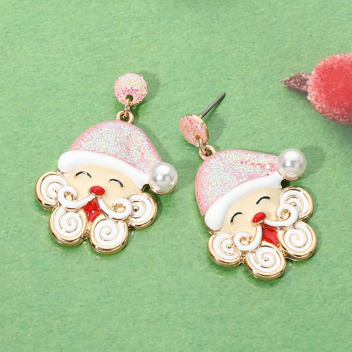 Gold Pink Whimsical Santa Claus Charm Drop Dangle Earrings