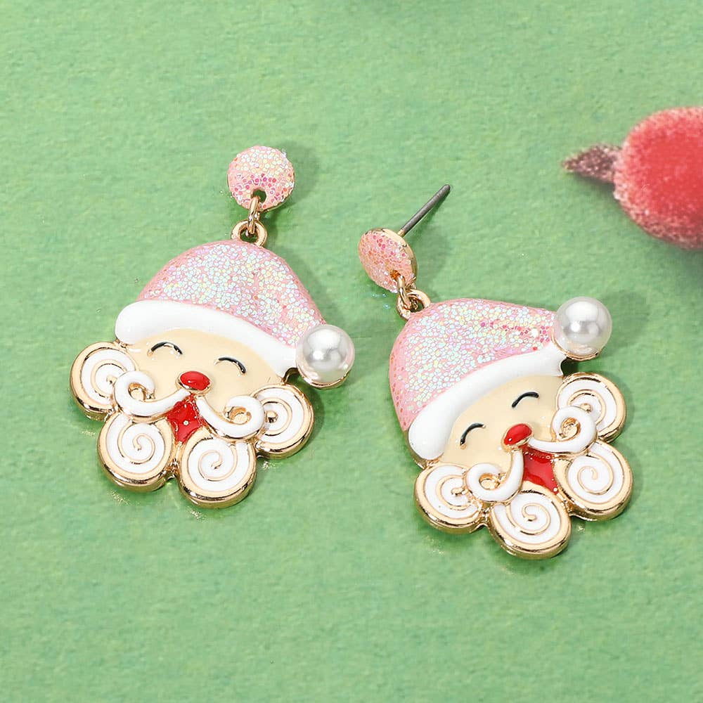 Gold Pink Whimsical Santa Claus Charm Drop Dangle Earrings